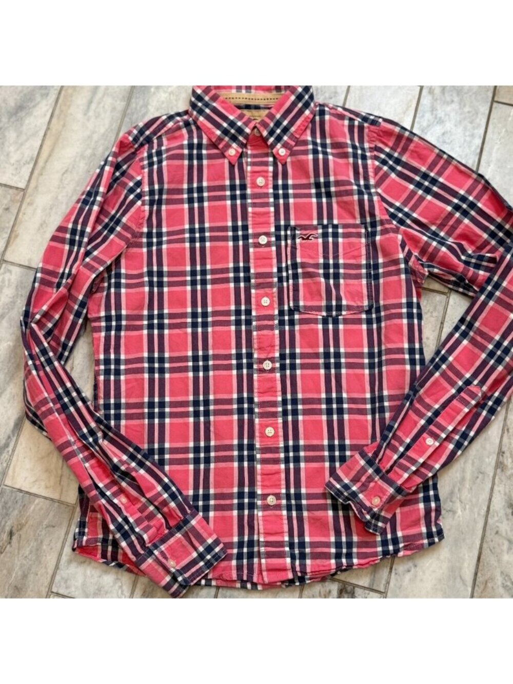 NEW Hollister women's medium navy/pink/white button down long sleeve shirt